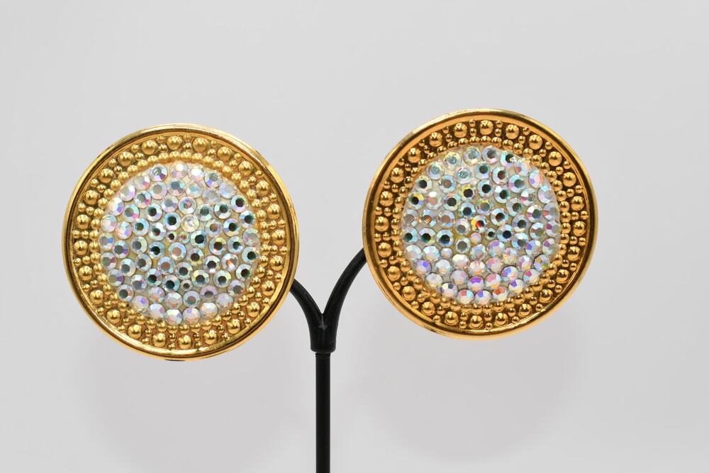 Vintage Richard Kerr AB Crystal Clip Earrings Gold Tone Runway 80s